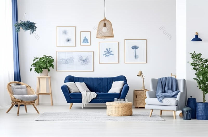 白色的房间室内蓝色沙发扶手椅装饰画吊灯绿植盆栽家具装饰图像摄影,高清,摄影图,摄影图片,图片大全,摄影图免费下载